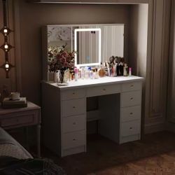 White Modern Makeup Vanity Desk 9 Drawers Wood Dressing Table With 3 Mirrors, Hidden Storage Shelves, LED Lighted