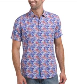 NWT Robert Graham Teigen Classic Fit Linen Blend Short Sleeve Button Down Shirt