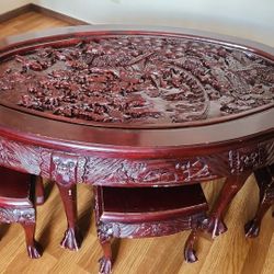 Oriental Tea Carved  Oval Table And 6 Matching Stools
