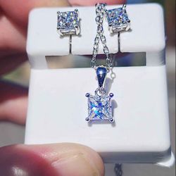 2.60 Carat Moissanite 18kt White Gold Plated Sterling Silver Earrings and Necklace Set.