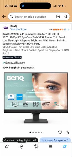 2 x 1080P benQ monitor with mount