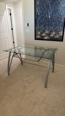 REDUCED Realspace Vista 48"W Glass Computer Desk, Silver
