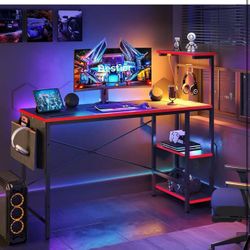 ❤️ Bestier Gaming Desk with LED Lights, 51.3 Inch Computer Desk with 4 Tiers Reversible Shelves, Gamer Desk with Side Storage Bag, Hooks and Height Ad