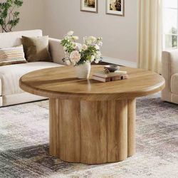 JW1200 31.5" Round Coffee Table, Farmhouse Center Table with Fluted Drum Base