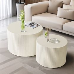 Set Of 2 - Beige Round Wood Nesting (23.6”) Coffee Table and 18.9 in. Small Side Table [NEW]