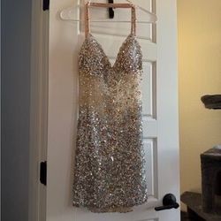 Silver Sequins Mini Dress With Gold Beading Size 10