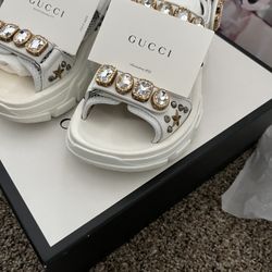 Gucci Leather Mesh Accents Slingback Sandals