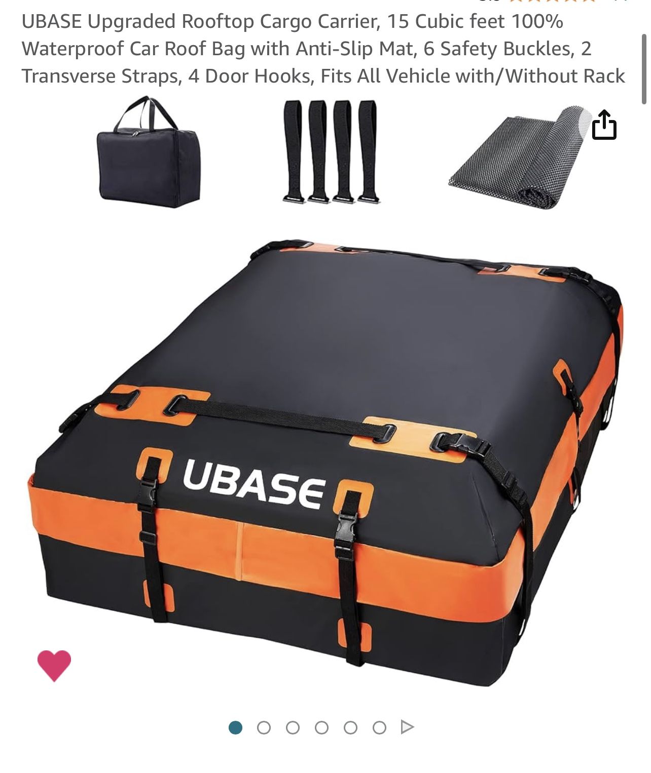 Rooftop Cargo Carrier-15 Cubic feet 100% Waterproof Car Roof Bag w/Anti-Slip Mat, 6 Safety Buckles, 2 Transverse Straps,4 Door Hooks-Fits All Vehicles