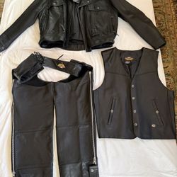 Vintage Men’s Harley Davidson Genuine Leather Jacket, Vest And Chaps Bundle