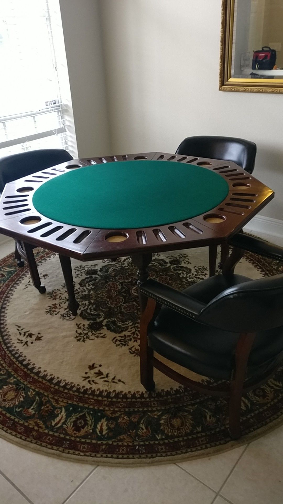Poker table top, leather chairs, base table