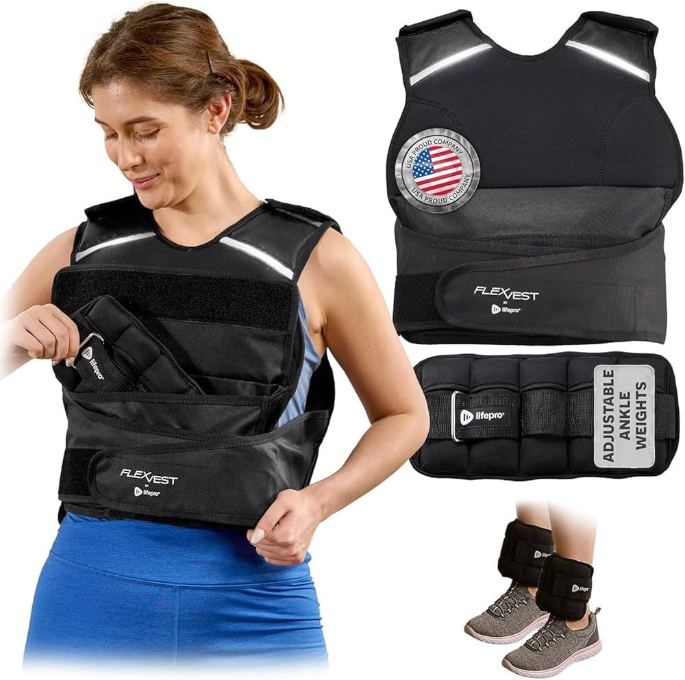 2-in-1 Adjustable Weighted Vest + Ankle Weights (15 & 20lbs) - Running weighted vest for Women & Men with Reflective Stripe, Phone Pocket - Workout Eq