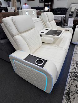 NEW! Electra White 2PC Power Motion Sofa and Love Seat with Massage, LED, Wireless Charging & Bluetooth