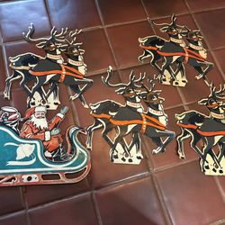 Vtg Santa Sleigh 8 Reindeer Flat Styrene Plastic Outdoor Yard Stakes READ  **Please see photos for imperfections - Santa  and 3 of the reindeers have 