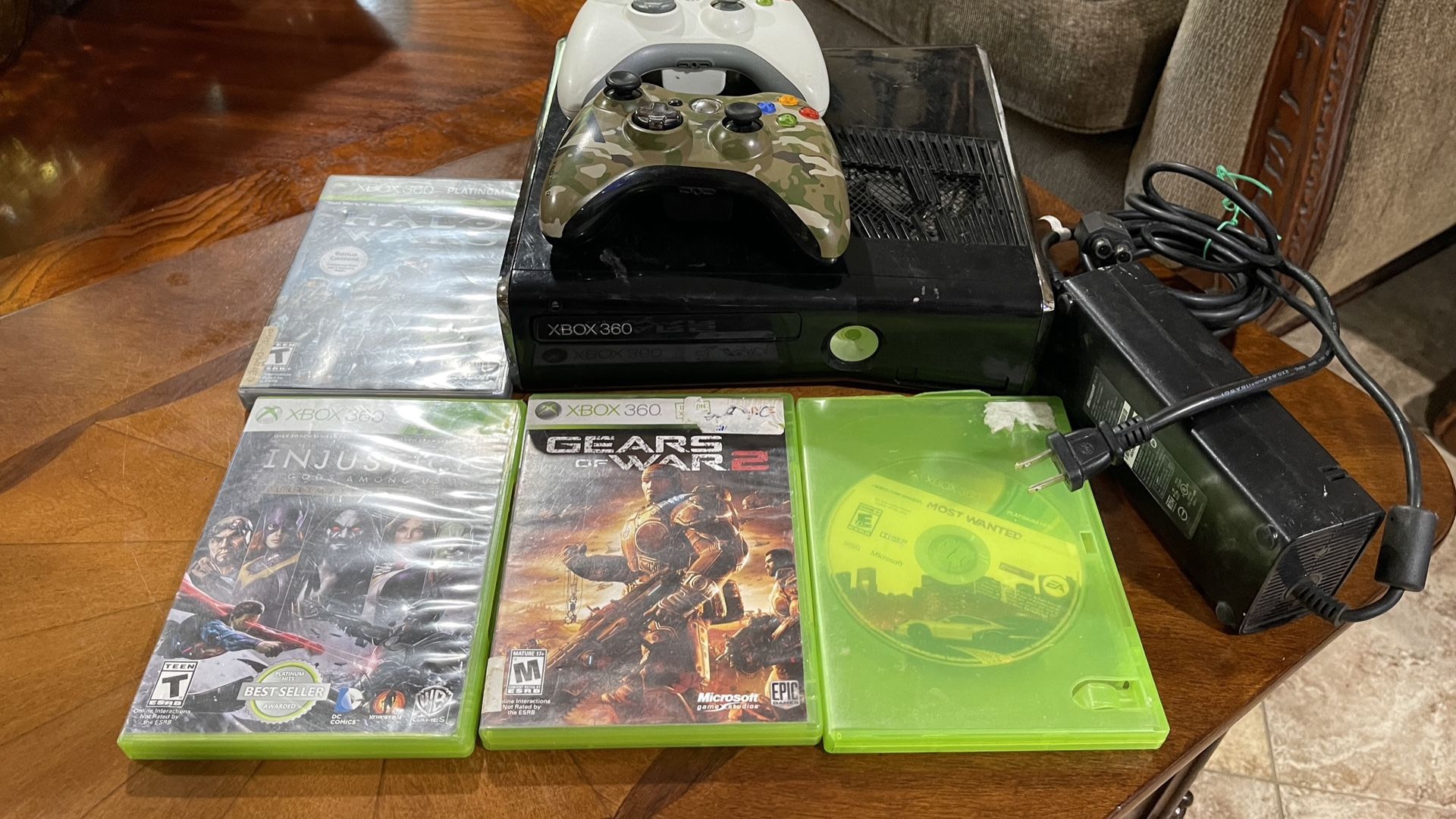 xbox 360 game console with games and 2 wireless controllers
