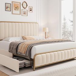 Upholstered Full/Queen Size Bed Frame with 4 Storage Drawers and Headboard.