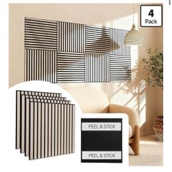 Peel & Stick Acoustic Wood Slat Wall Panels – 23” × 23” 3D Wood-Grain Soundproofing Panels, 4 Pack – Waterproof Decorative Noise-Reducing Wall Panels 