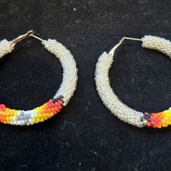 Handmade Beaded 2 Inch Silver Color Native Style Earrings 