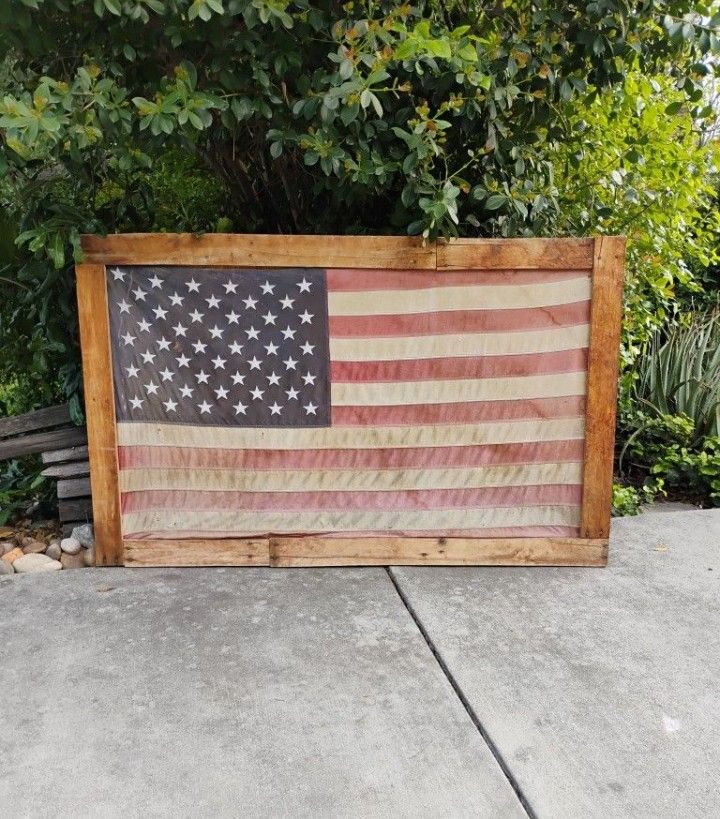 Vintage American Flag with Embroidered Stars Framed In Rustic Frame Large 60" W