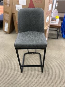 Barstools - Set of 4 - Grey Upholstered with Black Metal Base - New