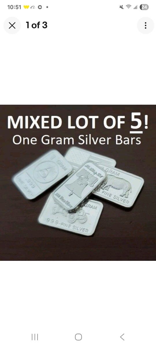 Mixed lot of FIVE (5) 1 gram silver bars 0.999 fine precious metals 