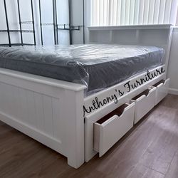 White Full Size Bed & Bamboo Mattress + Drawers 