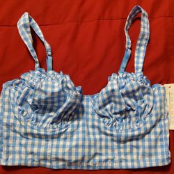 Women's Gingham Woven Bandeau Bralette in blue. Size M