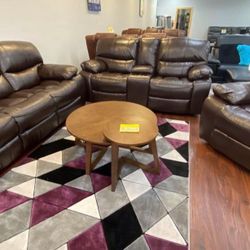 Summer clearance sale. Madrid brown leather reclining sofa and loveseat set $1199. Recliner chair, $399. Easy finance option. Same day delivery