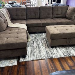 COSTCO Brown Chenille Sectional Couch And Ottoman 