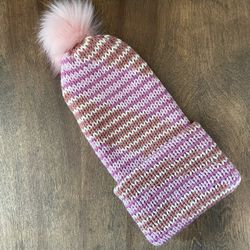 Kid’s Knitted Beanie Hat w/ Pom Pom - Pink & Brown