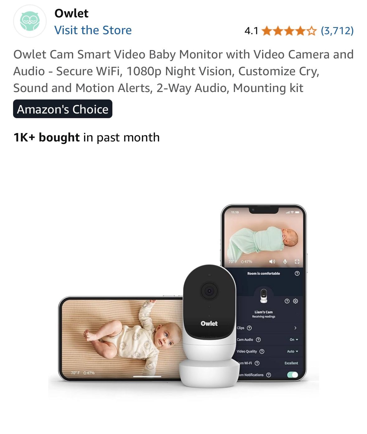 Owlet Cam Smart Video Baby Monitor with Video Camera and Audio