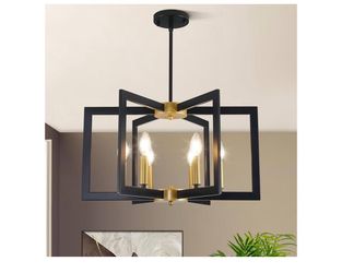 21.6" Black and Gold Chandelier,6-Light Geometric Dining Room Fixture,Modern Industrial Foyer Lighting Fixtures,R