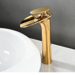 Gold Bathroom Vessel Faucet, SHUNLI Waterfall Bathroom Vessel Sink Faucet, Single Hole Tall Bathroom Faucet, Solid Brass