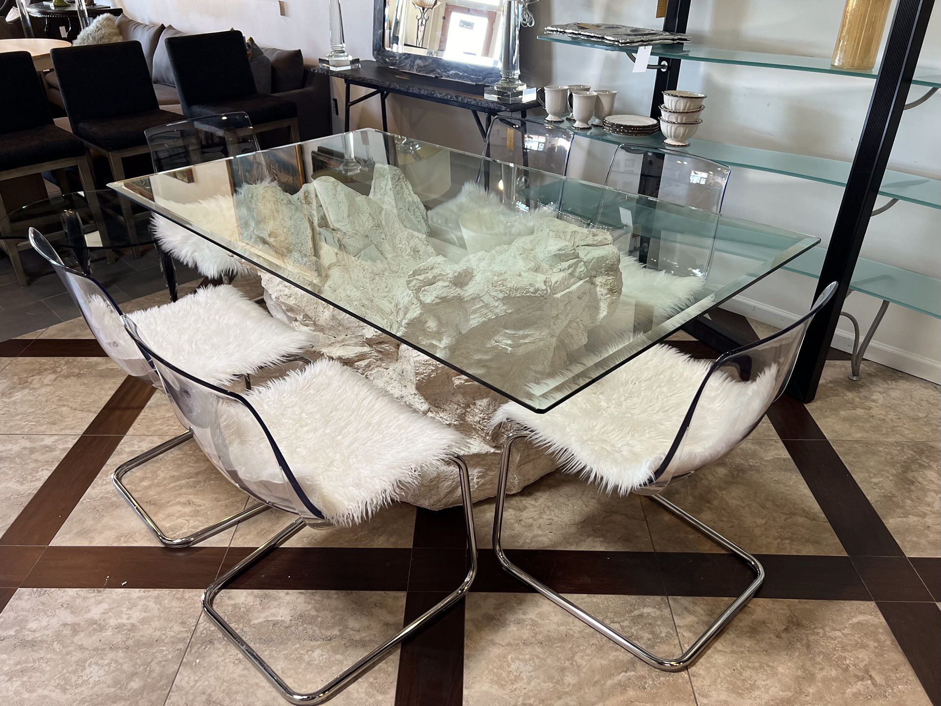 Postmodern Sirmos Faux Rock Dining Table And Chairs With Glass Top