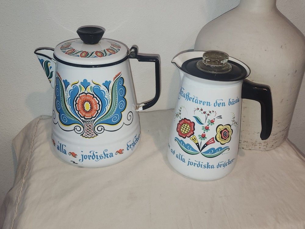 BERGGREN Enamel Coffee Pot Kettle Ornate Design Swedish Set 2 Mirro