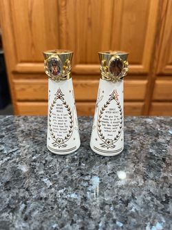 Vintage Milk Glass Grace Before & After Meals Jesus & Mary Pair of Salt and Pepper Shakers. Preowned very good condition, never used, the bottoms hav