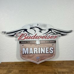 BUDWEISER ARMED FORCES "PROUD TO SERVE" MARINES USO METAL BEER SIGN 36" x 22"
