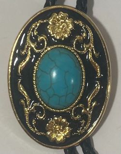 Vintage Metal Bolo Tie, Brass, Nice Blue Turquoise Stone Design, 2" x 1 1/2", Nice Design, Quality, Heavy Duty, Made in USA, Country & Western, Cowboy