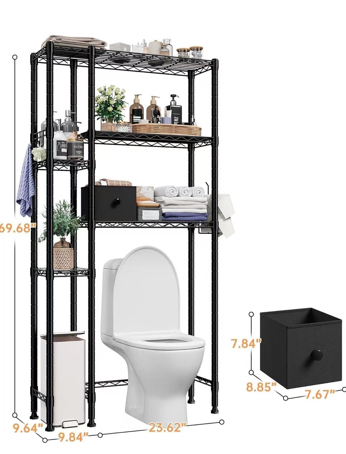 🥨REIBII Over The Toilet Storage Cabinet, 6 Tier Over The Toilet Shelf with Adjustable Feet, Bathroom Over Toilet Storage with 4 Hooks & 2 Paper Holde