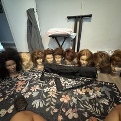 9 Human Hair Doll Heads and Pivot Point Tripod With Carrying Bag