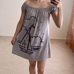 Gray Sailboat Shift / T Shirt Dress with Button Detail