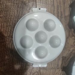 Vintage Enamel Cast Iron White 6 Hole Escargot Dish / French Snail Plates  / Mushroom / Baking Dish