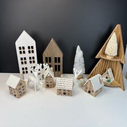 Christmas Wooden Village Decor Set – Houses, Reindeer & Trees