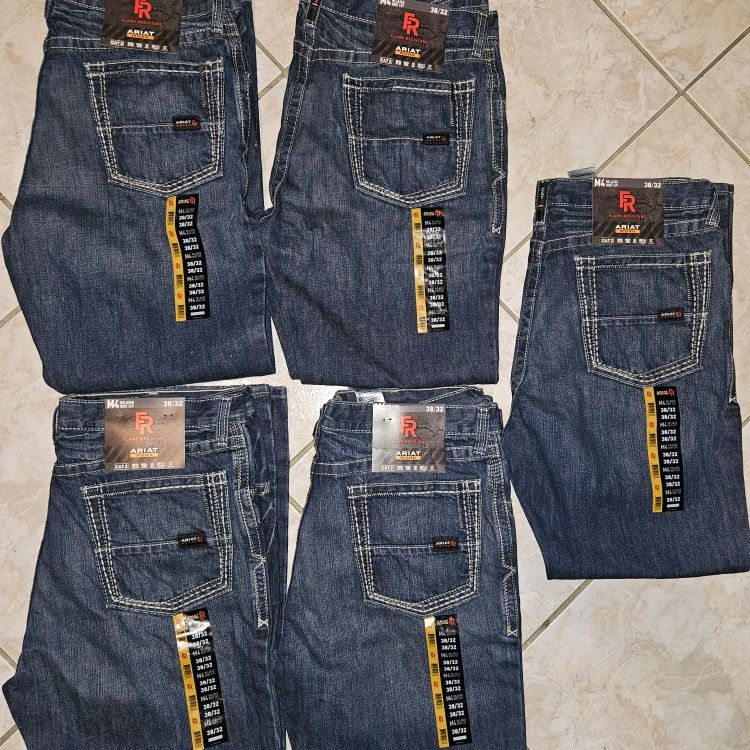 LOT OF 5 BRAND NEW ARIAT FR M4 DOUBLE STITCH BOOT CUT MEN'S WORK JEANS SIZE 38X32 