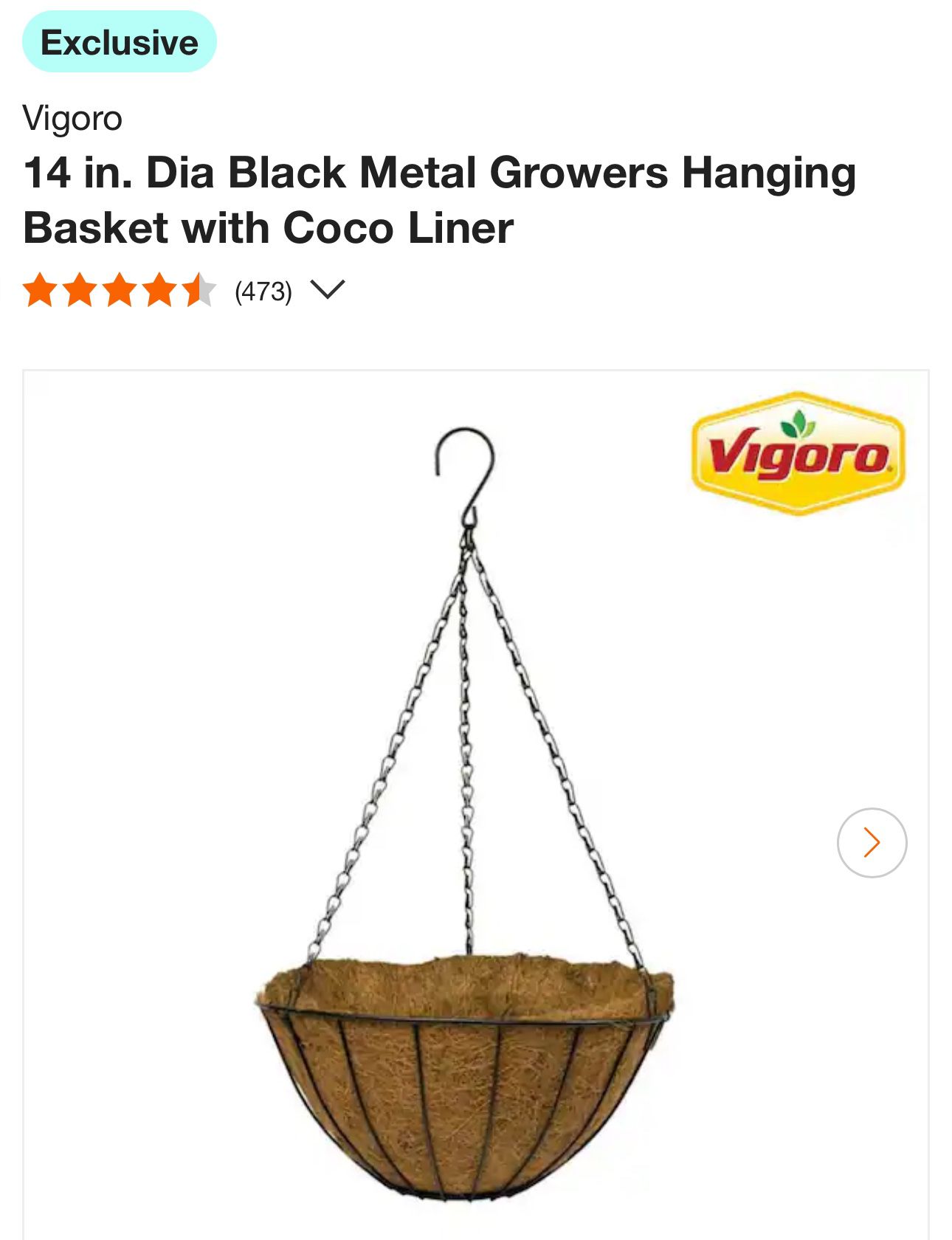 4 Of Vigoro 14 in. Dia Black Metal Growers Hanging Basket with Coco Liner