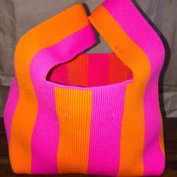 H&M Mini Striped Hobo Bag Neon Orange Pink Stretchy Soft Fabric Fashion Accessories Accents 