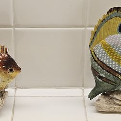 Vintage Hand Carved & Hand Painted Wood Fish Sculptures with Coral