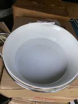 $25 1 porcelain White Baking Dish with silver stand or Rack dishwasher, microwave and oven safe