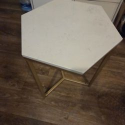 LIKE NEW HEXAGON GOLD AND MARBLE SIDE TABLE