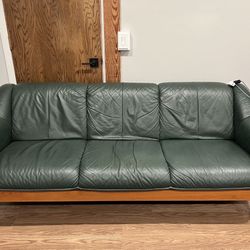 Vintage Green Leather Teak Ekornes Stressless 3 Seater Sofa 
