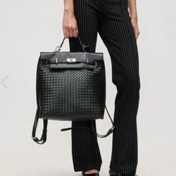 Urban Expressions Colby Black Backpack Basket Weave Vegan Leather Zipper Pocket